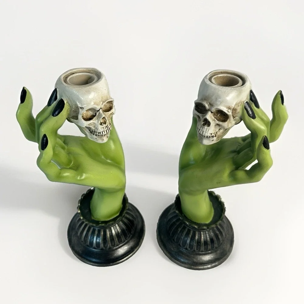 Gothic Skull Hand Taper Candle Holders Green Witch 2 Pc Halloween Decor Resin